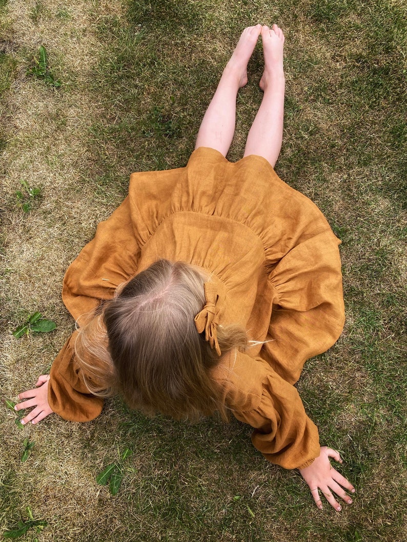 Rust Flower Girl Dress With Neckline Ruffle and Long Puffed Sleeves, Boho Linen Toddler Girl Dress image 4