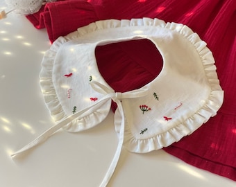 Embroider linen detachable collar for girl with Christmas motifs, removable girl collar for Christmas