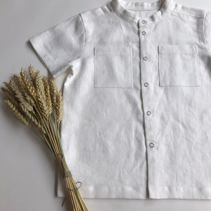 White linen boy shirt with mandarin collar, Toddler boy christening shirts with short sleeves image 7