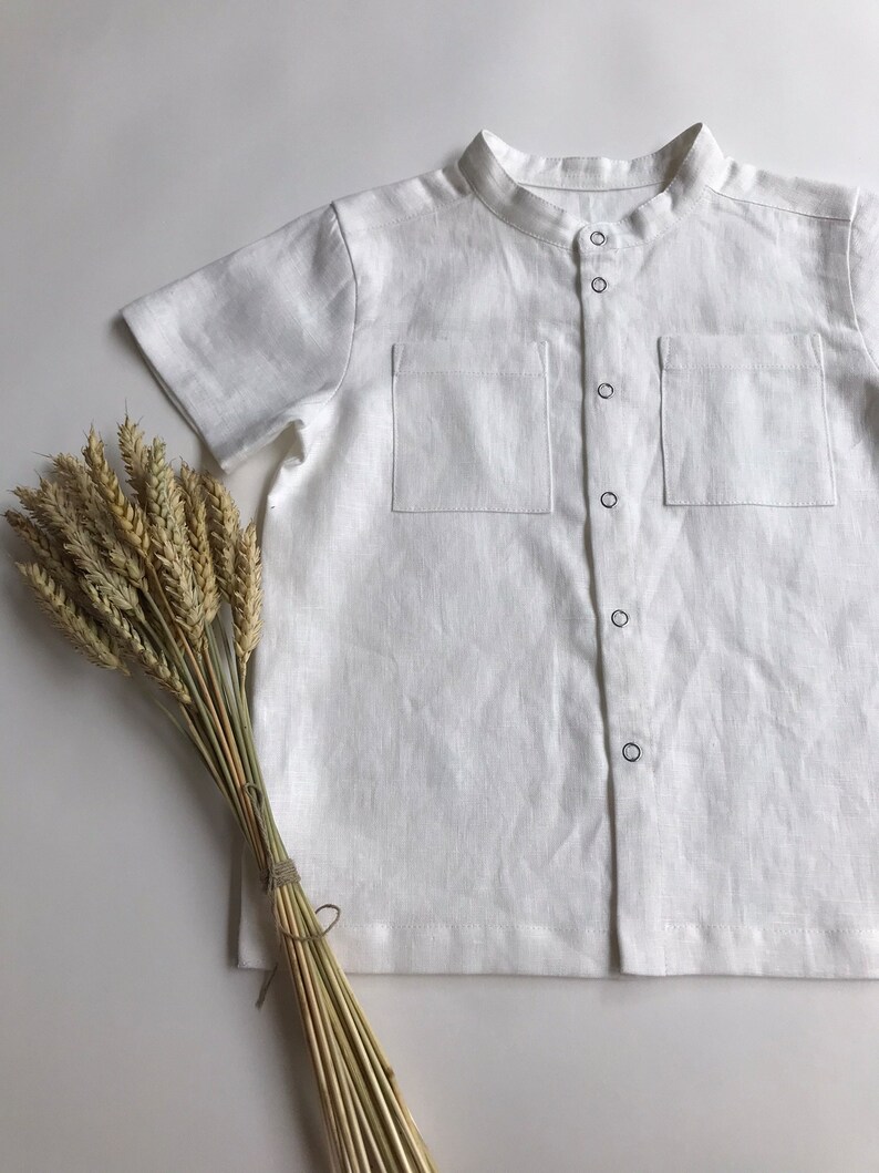 White linen boy shirt with mandarin collar, Toddler boy christening shirts with short sleeves image 7