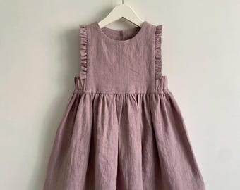 Vintage Girls Linen Pinafore Dress: Ruffle Detail Body