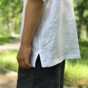 White linen boy shirt with mandarin collar, Toddler boy christening shirts with short sleeves image 4