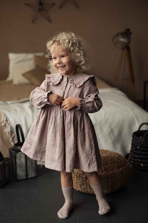 Long Sleeve Linen Girl Dress, Toddler Dress With Collar, Linen Boho Dress,  Flower Girl Dress, First Birthday Dress, Baby Dress - Etsy