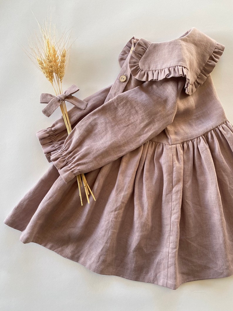 Long Sleeve Linen Girl Dress, Toddler Dress With Collar, Linen Boho Dress, Flower Girl Dress, First Birthday Dress, Baby Dress image 5