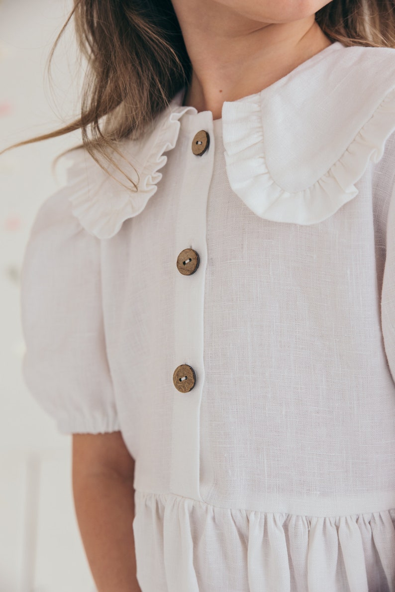 Robe de baptême en lin à manches courtes, robe de demoiselle d'honneur blanche avec col image 7