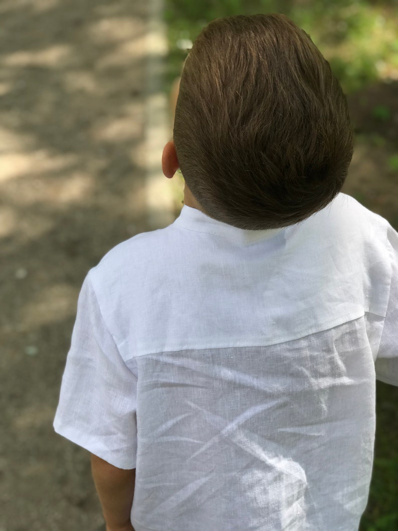 White linen boy shirt with mandarin collar, Toddler boy christening shirts with short sleeves image 3
