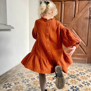 Rust dots muslin toddler dress with long puffed sleeves and neck ruffles, special occasion or birthday girl dress image 4