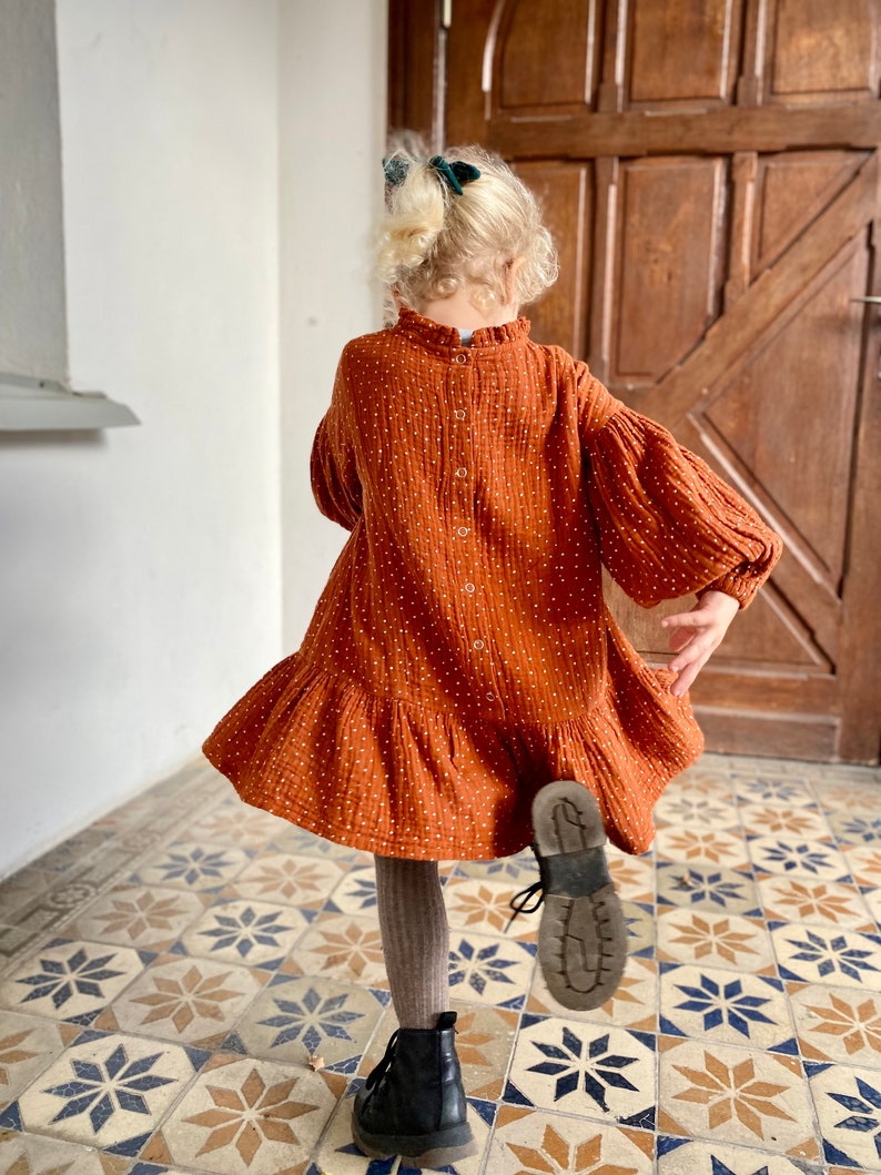 Rust dots muslin toddler dress with long puffed sleeves and neck ruffles, special occasion or birthday girl dress image 4