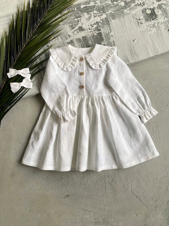 Long Sleeve Linen Christening Dress, Flower Girl Dress, Toddler White Baptism Dress, 1st Birthday Dress, Baby Girl Baptism Gown Long Sleeve Linen Christening Dress, Flower Girl Dress, Toddler White Baptism Dress, 1st Birthday Dress, Baby Girl Baptism Gown