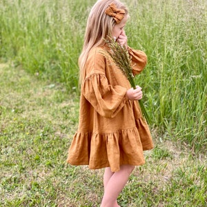 Rust Flower Girl Dress With Neckline Ruffle and Long Puffed Sleeves, Boho Linen Toddler Girl Dress image 7