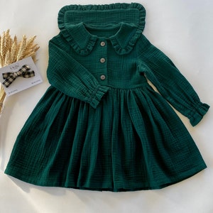 Long sleeve green muslin toddler dress with frilled ruffled collar, cotton double gauze dress for girl image 7