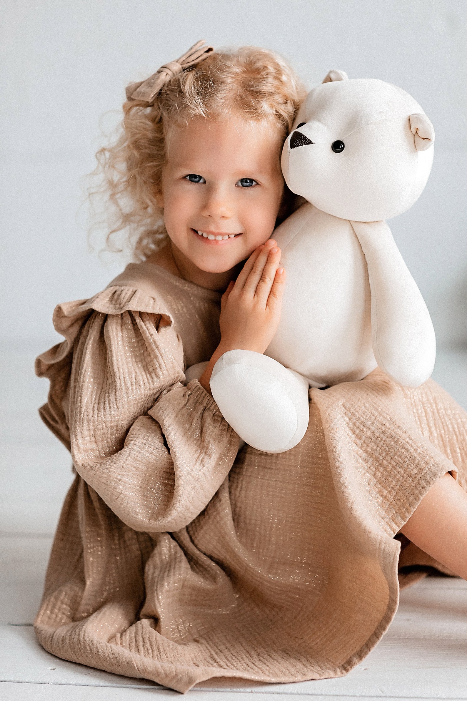 Shining Ruffles Shining Beige Muslin Girl Dress With Long Puffed Sleeves and Ruffles ...