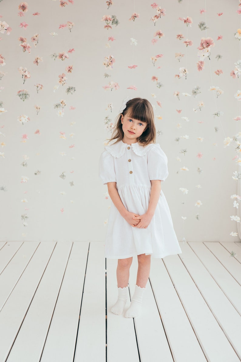 Robe de baptême en lin à manches courtes, robe de demoiselle d'honneur blanche avec col image 3