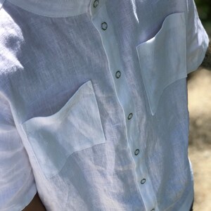 White linen boy shirt with mandarin collar, Toddler boy christening shirts with short sleeves image 2