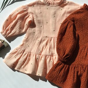 Rust dots muslin toddler dress with long puffed sleeves and neck ruffles, special occasion or birthday girl dress image 6