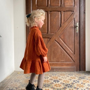 Rust dots muslin toddler dress with long puffed sleeves and neck ruffles, special occasion or birthday girl dress image 5