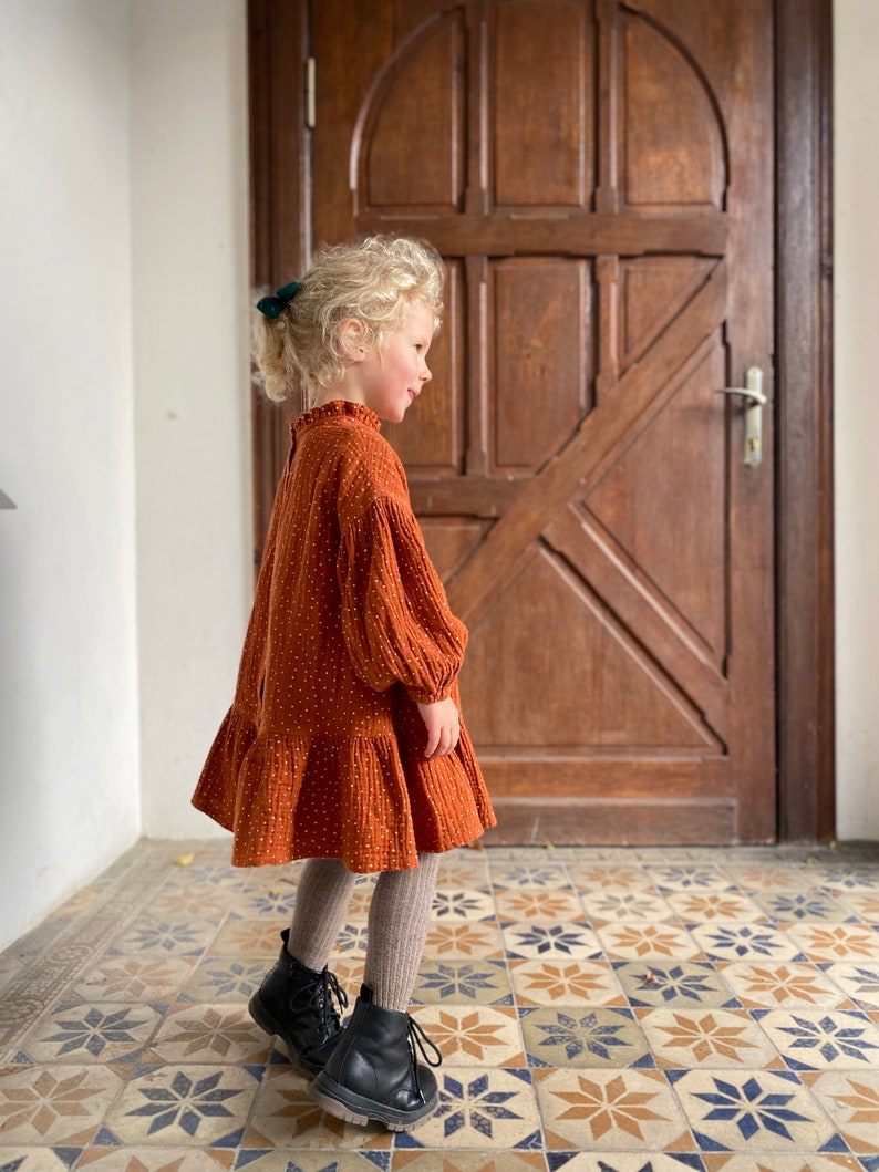 Rust dots muslin toddler dress with long puffed sleeves and neck ruffles, special occasion or birthday girl dress image 5