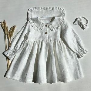 Long Sleeve Linen Girl Dress, Toddler Dress With Collar, Linen Boho Dress, Flower Girl Dress, First Birthday Dress, Baby Dress Snow white