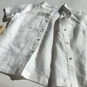White linen boy shirt with mandarin collar, Toddler boy christening shirts with short sleeves image 8