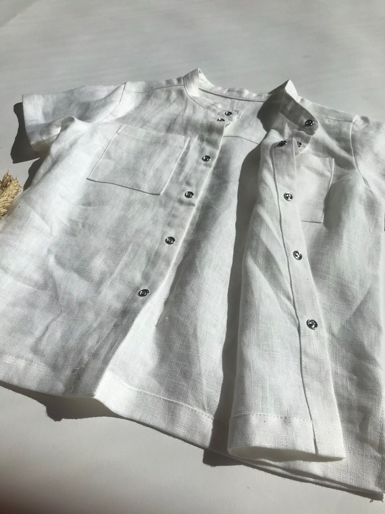 White linen boy shirt with mandarin collar, Toddler boy christening shirts with short sleeves image 8