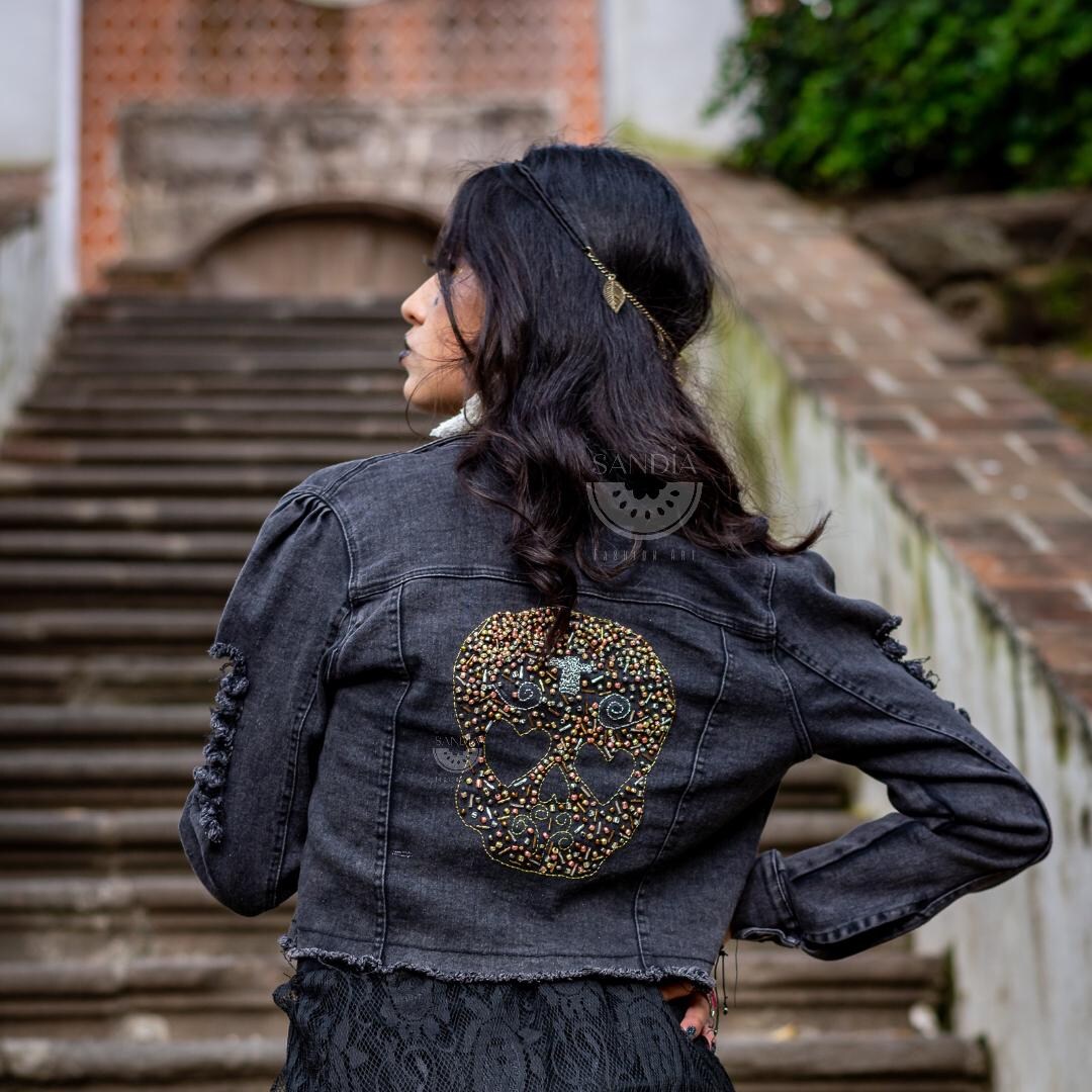 Denim Jacket Skull/Leaf Pattern White