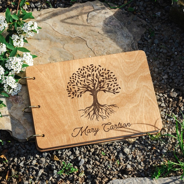 Yggdrasill or tree of life pattern guest book with custom engraving, Viking style photo album and scrapbook in leather, Anniversary gifts