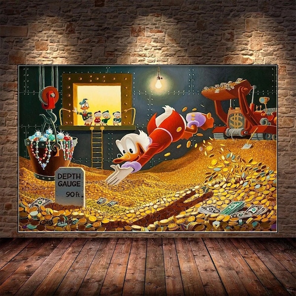 Scrooge McDuck Schwimmen in Gold Graffiti Art Geld Leinwand Gemälde, Poster und Druck für Wohnzimmer Wand Kunst Dekor