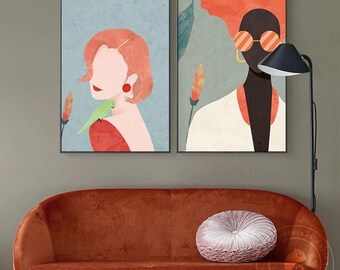 Abstract Fashion Vintage Girl Minimalist Wall Art - Nordic Canvas Painting Print for Home and Office Decor