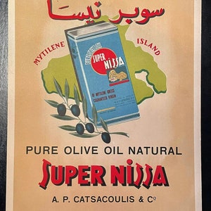 Azeite Puro Grego Vintage Grécia SUPER NISSA, Mitilene, anúncio de papelão