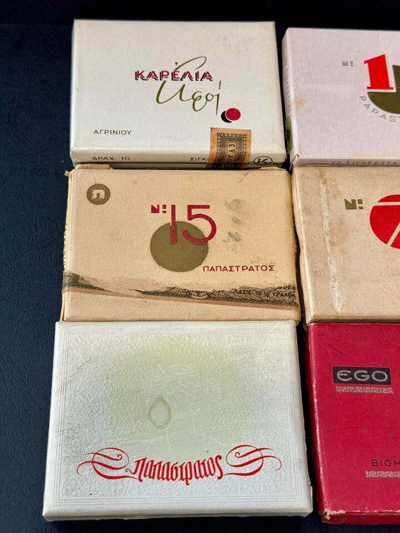 greek tobacco brands Vintage Greek Cigarettes Lot of 6 Packets PAPASTRATOS, KARELIA Etc Empty  Packet