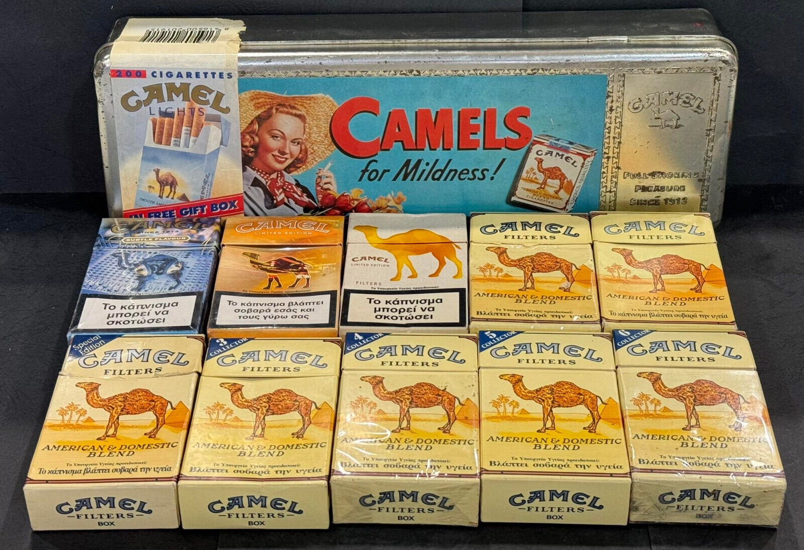 Vintage CAMEL Cigarettes lot of 10 Empty Packets & Tin Box