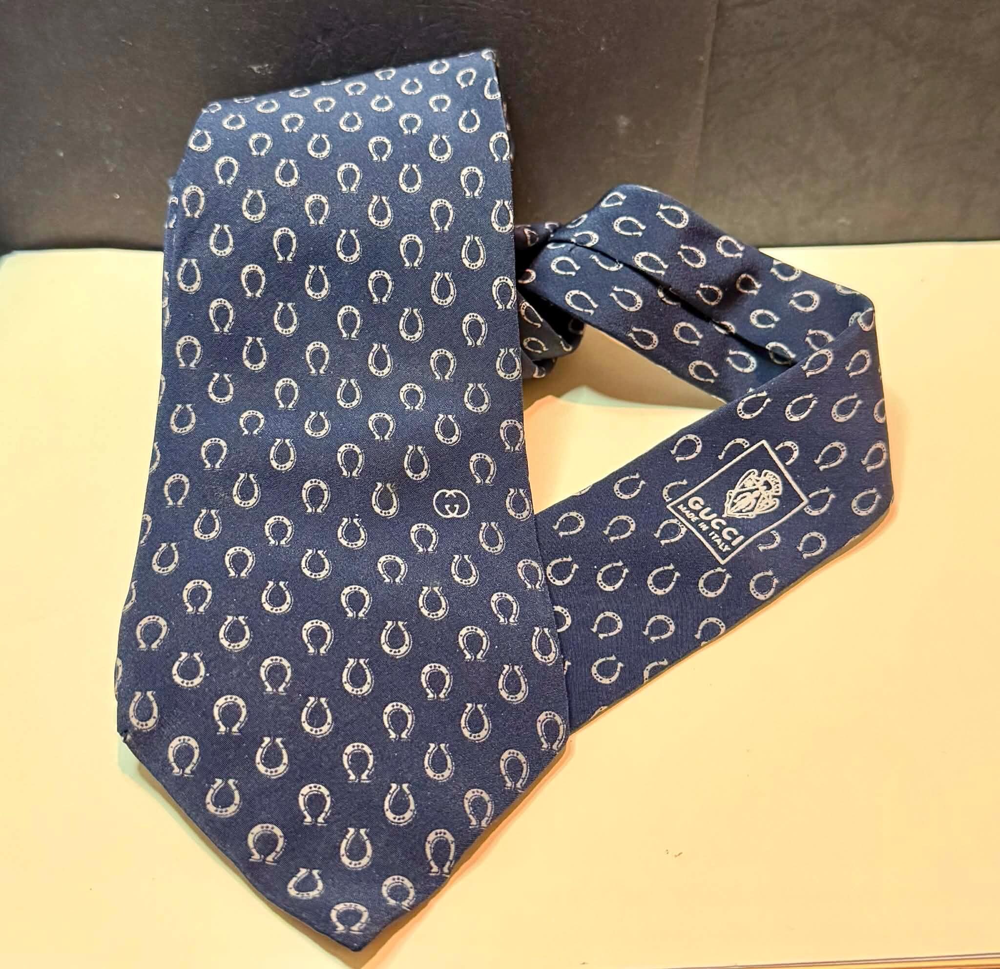 Vintage Original GUCCI Men's Neck Tie Horse Bit Pattern Blue 100