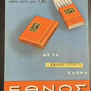 Anúncio original de cigarros ETHNOS Grécia dos anos 60. Cartaz de papelão litográfico