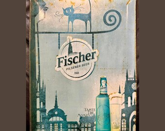 FISCHER Bier Werbung Metall Blechschild 40x30cm Bar Man Cave Kunst Dekoration