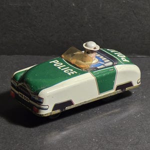 Vintage Tin Litho Metal Green POLICE Cop Car Friction Toy