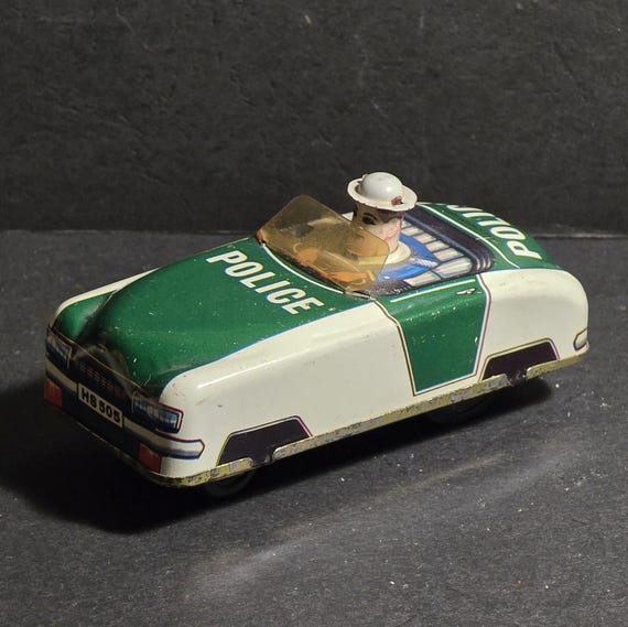 Vintage Tin Litho Metal Green POLICE Cop Car Friction Toy - Etsy
