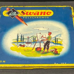 Vintage SWANO - SCHWAN metallpennburk litografisk tom ask. Mycket gammal!