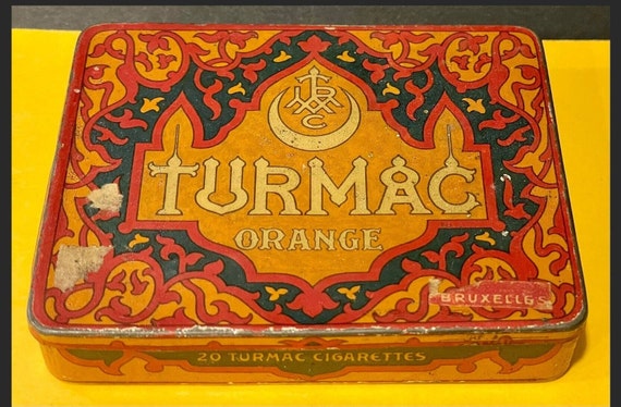 Vintage Cigarettes Empty Tin Litho TURMAC ORANGE Turkish Macedonian Tobacco  1920