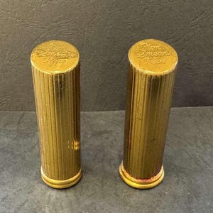 Vintage 1960s Brass Cased Bullet Shaped Lot of 2 REVLON &quot;Hot Corali & Queen of Diamonds&quot; Products Lipstick (used)