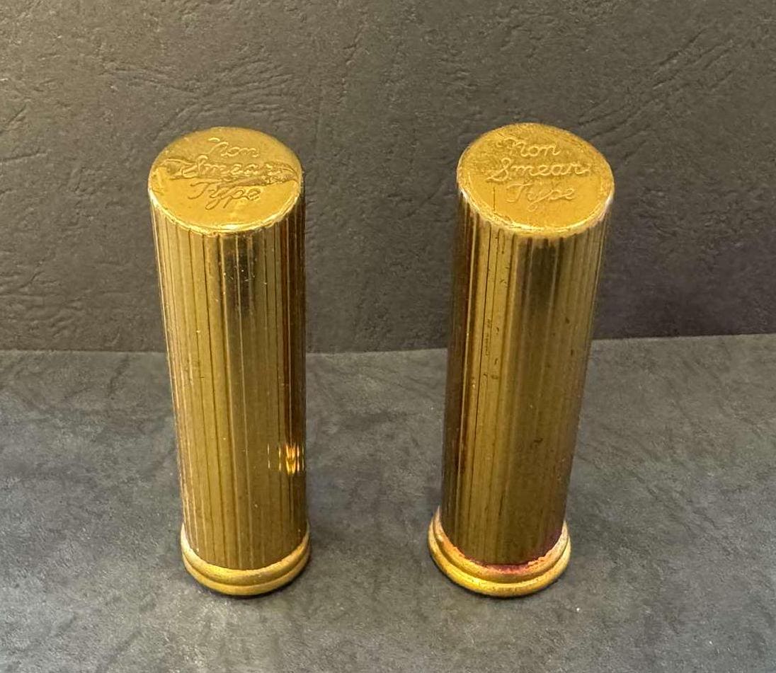 Vintage 1960s Brass Cased Bullet Shaped Lot of 2 REVLON "Hot Corali & Queen of Diamonds" Products Lipstick (used)