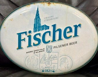 FISCHER Bier Werbung Metall Blechschild 39x29cm Bar Man Cave Kunst Dekoration