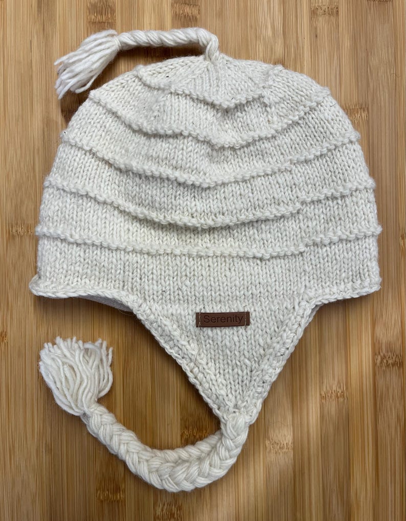 Plain - Sherpa Hats with Ear Flaps and Fleece Lining, Hand Knitted from Nepal Cream Off-White