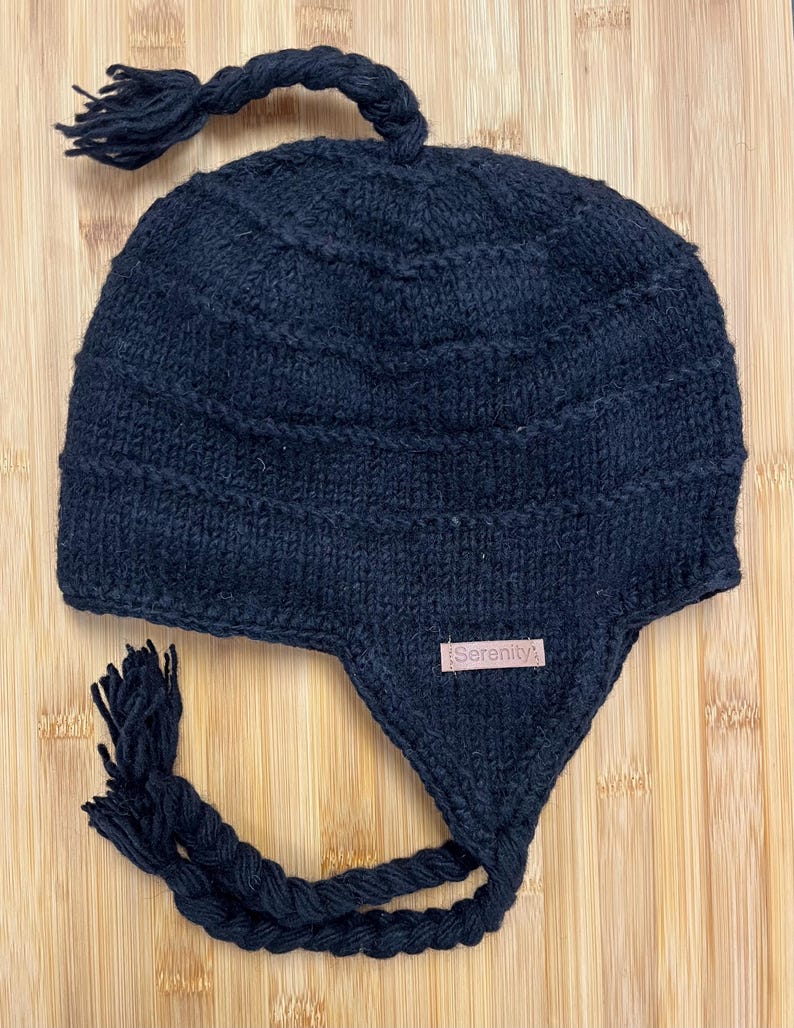 Plain - Sherpa Hats with Ear Flaps and Fleece Lining, Hand Knitted from Nepal Black