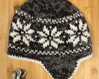 Snowflakes - Sherpa Hats with Ear Flaps and Fleece Lining, Hand Knitted from Nepal