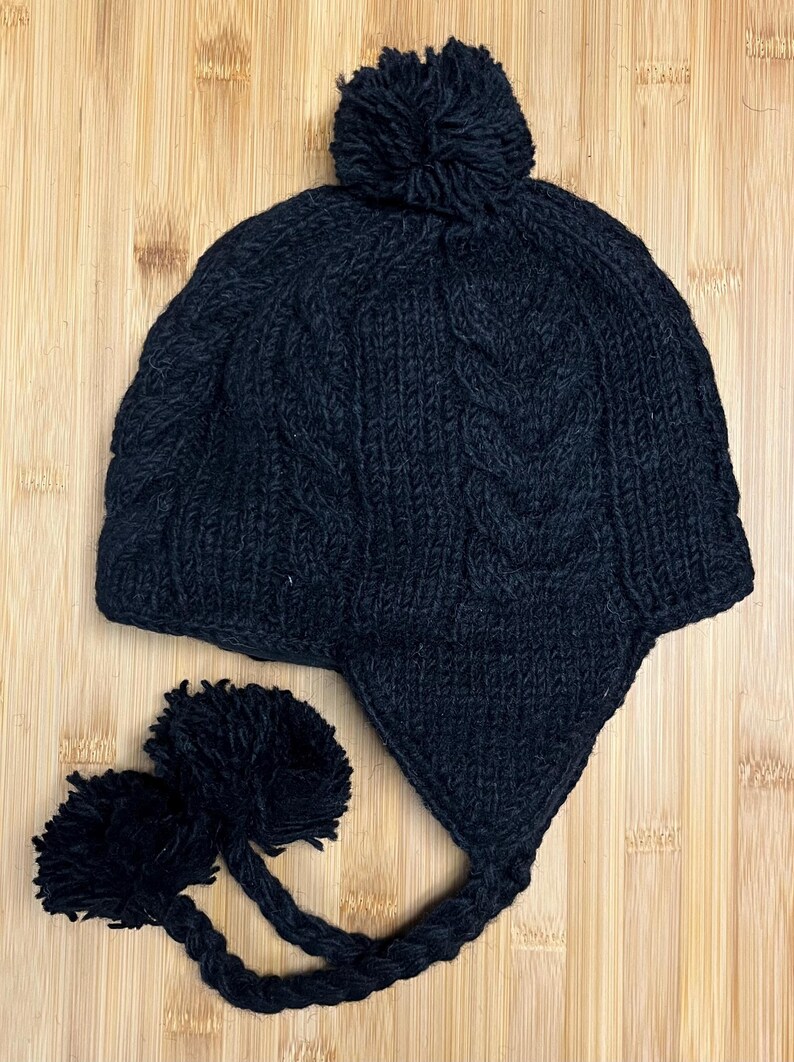 Plain - Sherpa Hats with Ear Flaps and Fleece Lining, Hand Knitted from Nepal Black Cable Knit