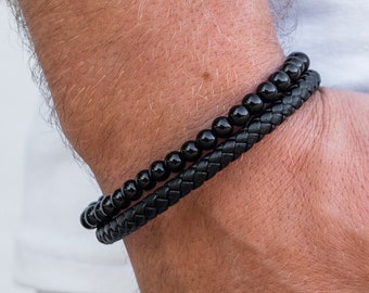 Leather and bead bracelet for men, Handmade bracelet for men, Leather bracelet for men small, Bead bracelet men black, Mens bracelet set