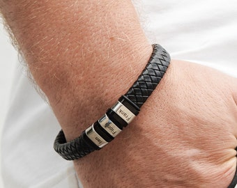 Men&#39;s personalised leather bracelet,  Leather beads bracelet, Personalized men&#39;s bracelet, ID name bracelet, Retro bead bracelet