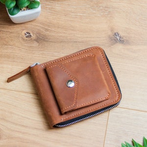 Cartera de cuero con cremallera para mujer, Cartera pequeña con cremallera, Cartera plegable con cremallera, Cartera pequeña con bolsa para monedas, Portatarjetas de cartera pequeña