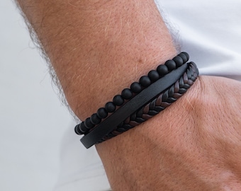 Wrap bracelet men, Leather bracelet men, Braided leather bracelet, Bead and leather bracelet, Male bracelet, Mens bead bracelet