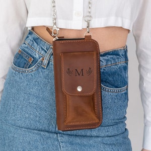 Leather neck wallet for travel, Crossbody wallet women, Chain wallet woman, Personalized wallet with chain strap, Leather neck bag purse